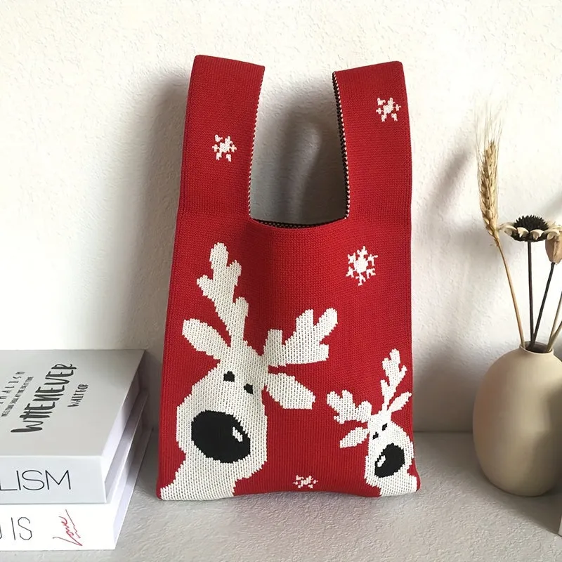 Festive Reindeer Knitting Tote Bag - Fashionable Portable Lightweight Handbag for Daily Commuting, Ideal Gift for Men and Women - Stylish, Durable, and Easy to Carry