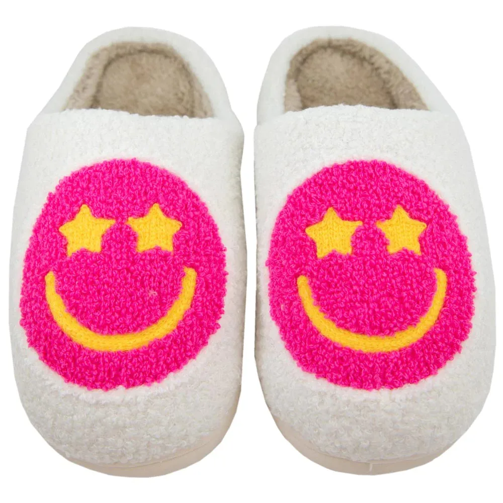 HOT PINK STAR EYED HAPPY FACE SLIPPERS
